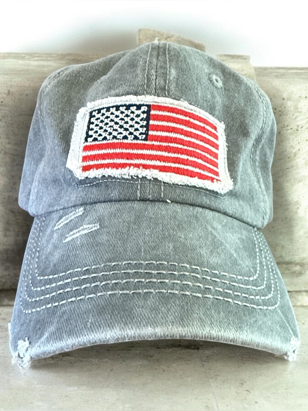 Distressed Gray Denim Baseball Cap with American Flag Patch